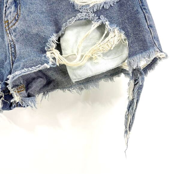 SIGNATURE 8 Blue Cotton Denim Distressed High Rise Shorts - Picture 8 of 11